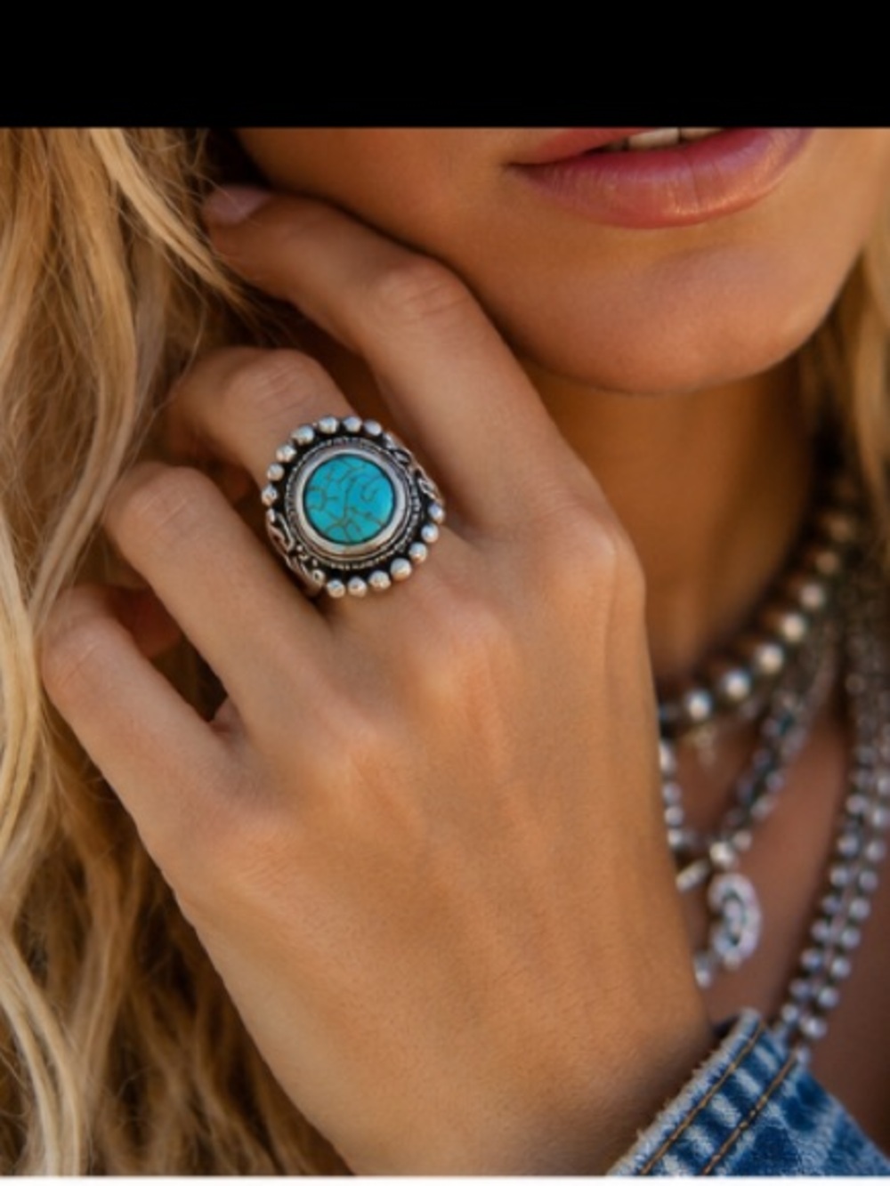 Turquoise Color Stretch Ring Silver Tone Western Boho Southwestern Statement 9 - Picture 2 of 12